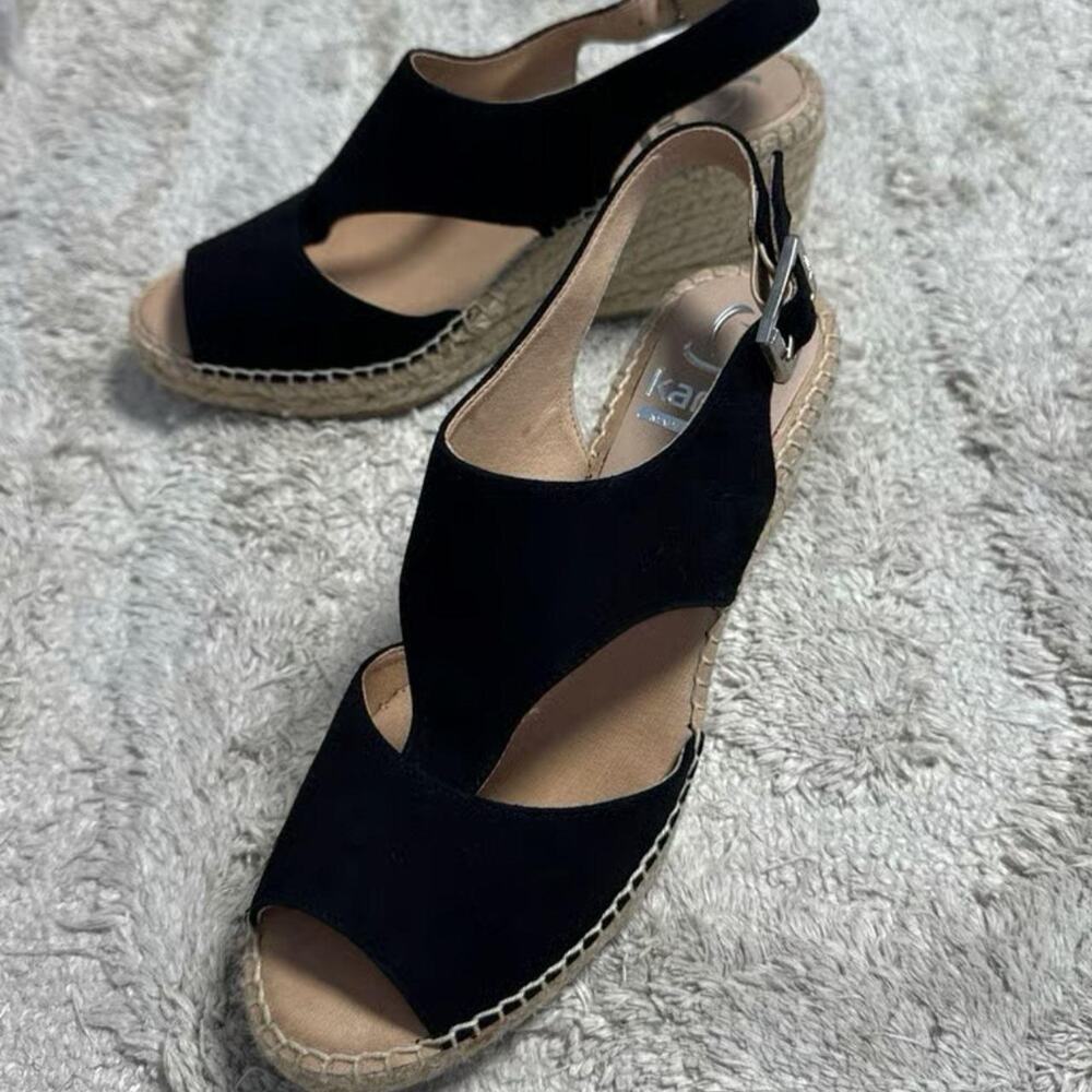 Kanna Ania Ante Black Suede Espadrille Slingback Peep Toe Wedge Sandal Size 39